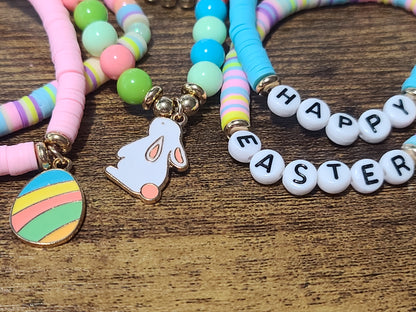 Easter Set of 6 Piece Cute Stretch Beaded Bracelet Set with Easter Bunny Charms