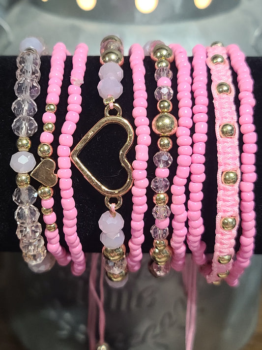 Set of 10 Pieces Cute Pink Heart Glass Beaded Bracelet Set with Gold Accents, Stackable, Stretchable and Adjustable