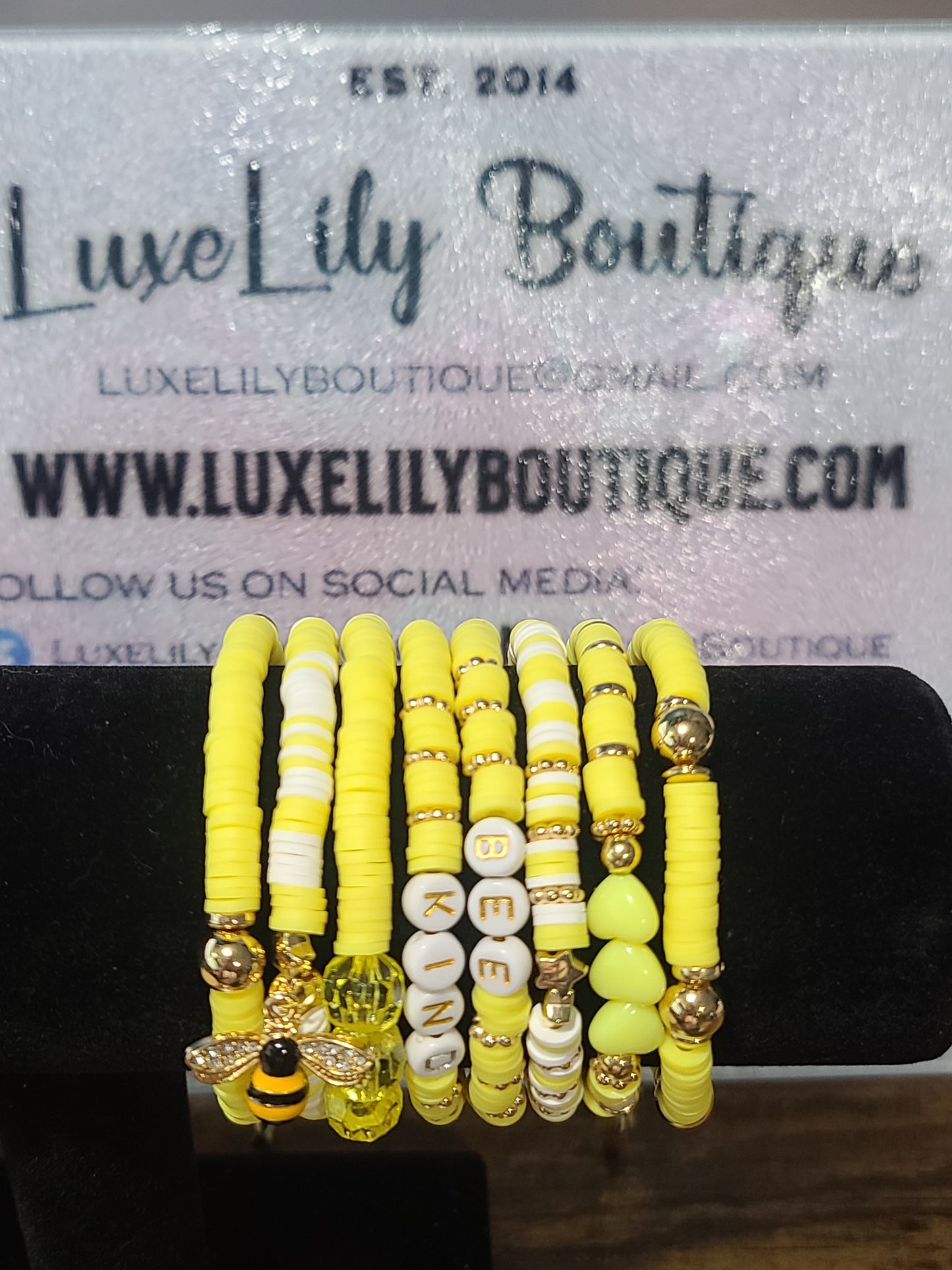 Bee Kind Set of 8 Yellow Bohemian Polymer Clay Bracelets with Bee Charm, Boho Style, Stackable Bracelet Set, Trending, Summer Jewelry