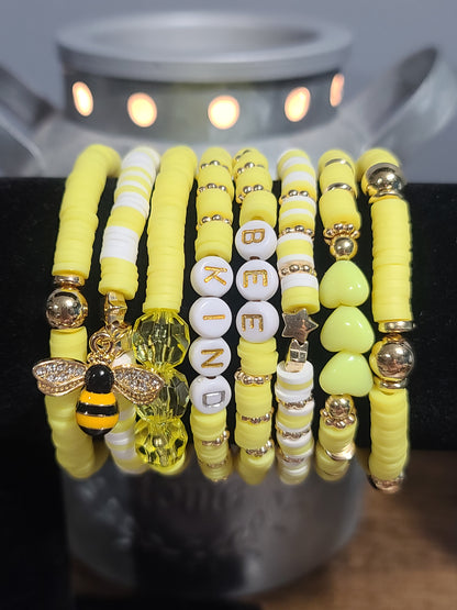 Bee Kind Set of 8 Yellow Bohemian Polymer Clay Bracelets with Bee Charm, Boho Style, Stackable Bracelet Set, Trending, Summer Jewelry