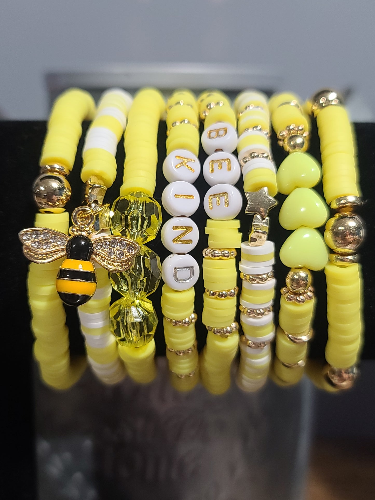 Bee Kind Set of 8 Yellow Bohemian Polymer Clay Bracelets with Bee Charm, Boho Style, Stackable Bracelet Set, Trending, Summer Jewelry