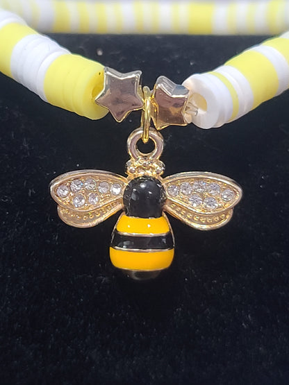 Bee Kind Set of 8 Yellow Bohemian Polymer Clay Bracelets with Bee Charm, Boho Style, Stackable Bracelet Set, Trending, Summer Jewelry