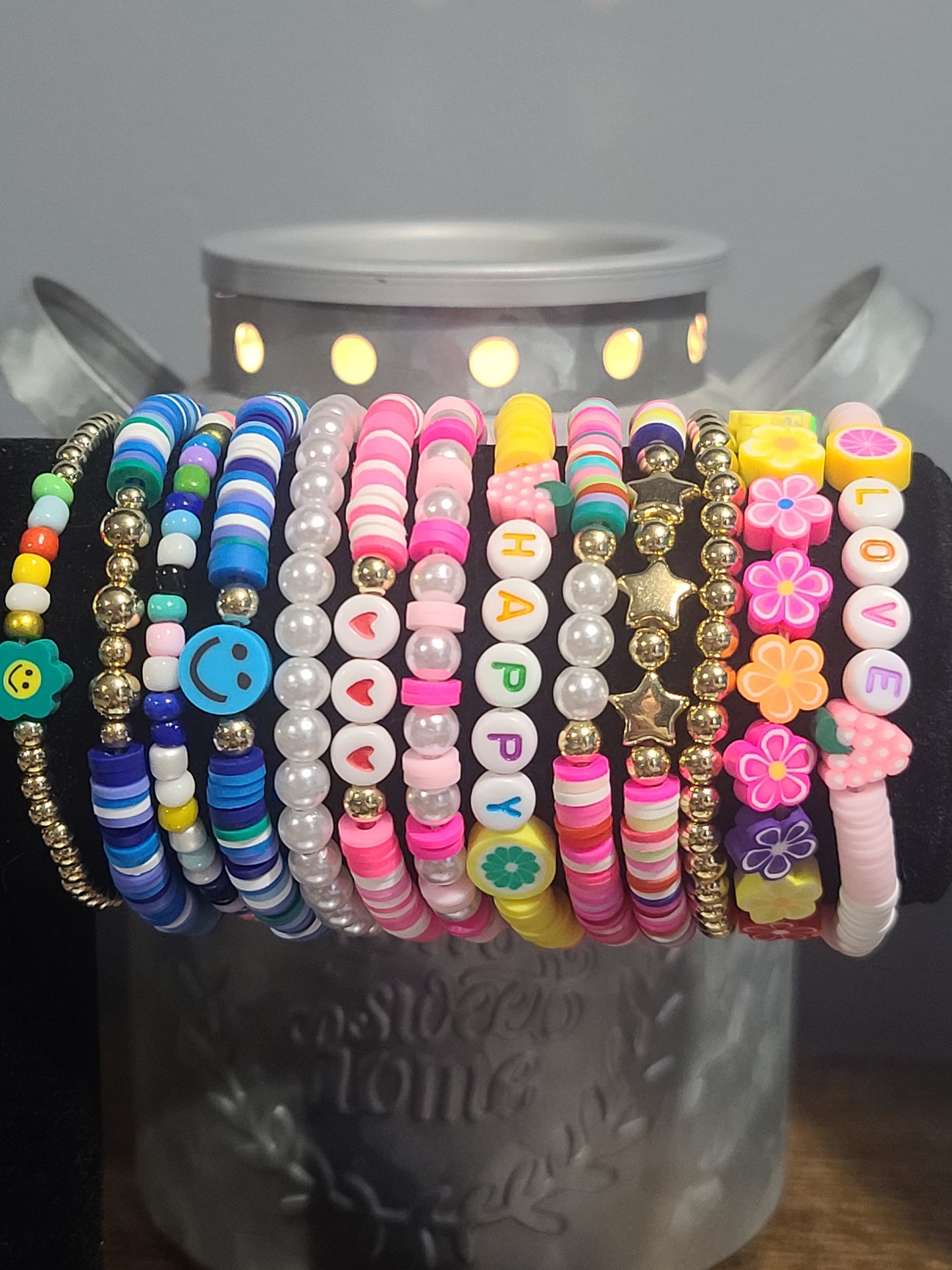 Love Themed Set of 13 Polymer Clay Colorful Stackable Stretchable Beaded Friendship Bracelets