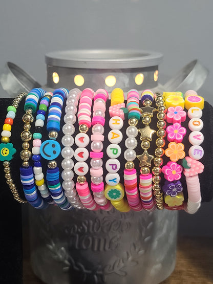 Love Themed Set of 13 Polymer Clay Colorful Stackable Stretchable Beaded Friendship Bracelets