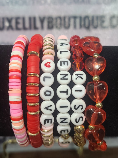 Love Valentine's Day Themed Set of 6 Colorful Stackable Stretchable Beaded Friendship Bracelets