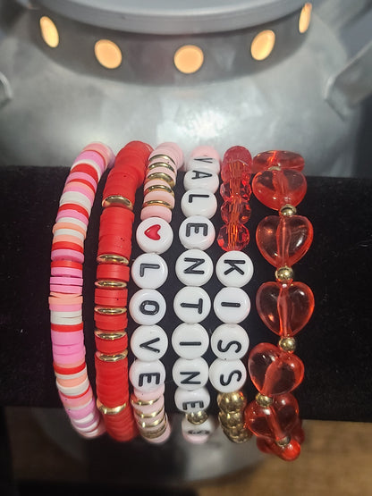 Love Valentine's Day Themed Set of 6 Colorful Stackable Stretchable Beaded Friendship Bracelets