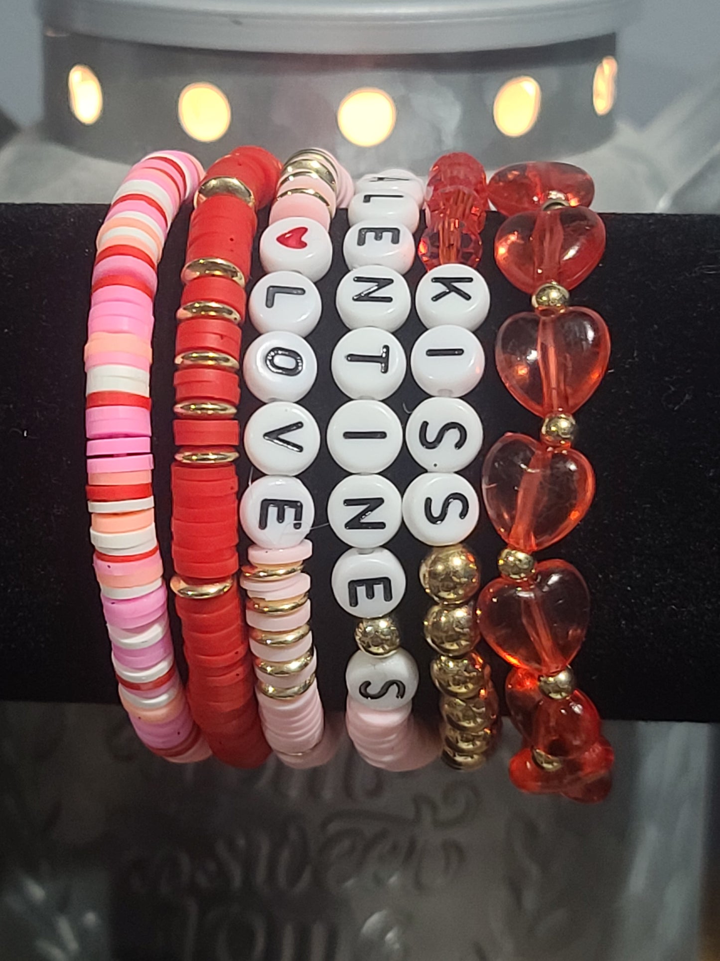 Love Valentine's Day Themed Set of 6 Colorful Stackable Stretchable Beaded Friendship Bracelets