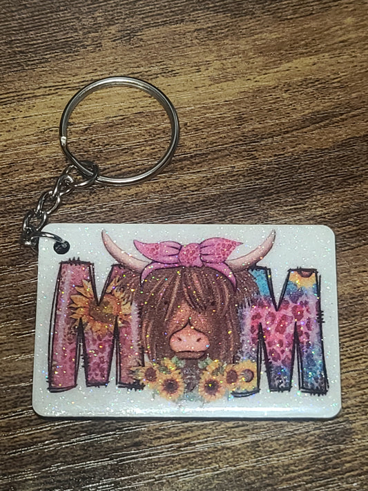 Handmade Highland Cow "Mom" Glittered Keychain