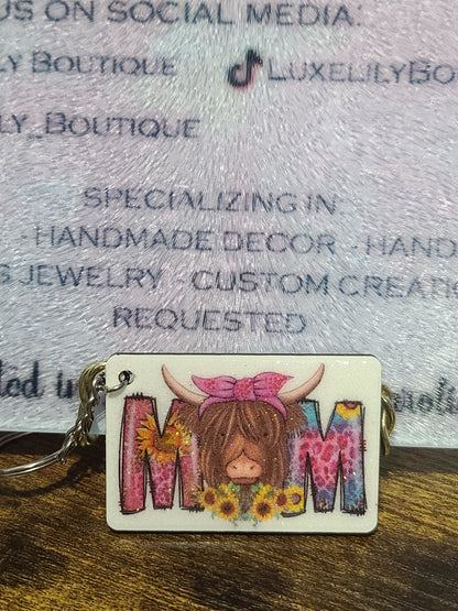 Handmade Highland Cow "Mom" Glittered Keychain