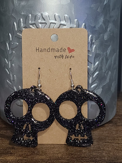 Handmade Laser-Cut Glittered Wooden Skull Earrings