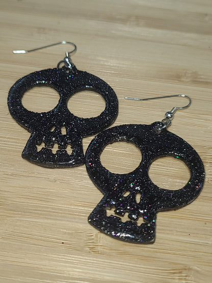 Handmade Laser-Cut Glittered Wooden Skull Earrings