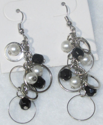 White Glass Pearl and Black Bead Fashion French Wire Earrings