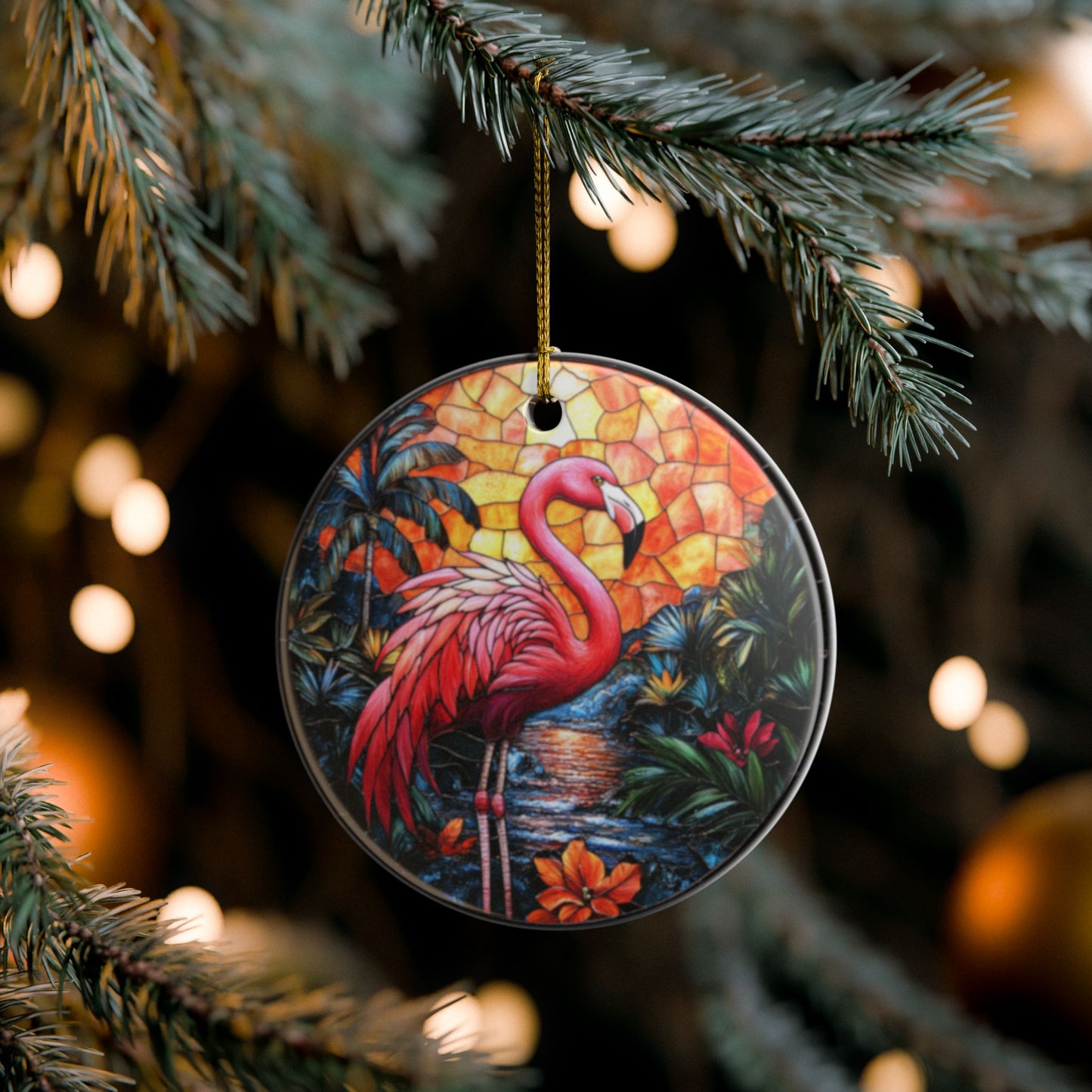 Decorative ornament with a flamingo design hanging on a Christmas tree.