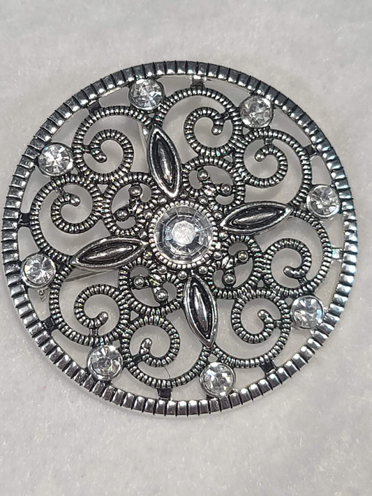 Premier Designs Silver Tone Clear Rhinestone Mandala Swirl Round Pin Brooch/Pendant