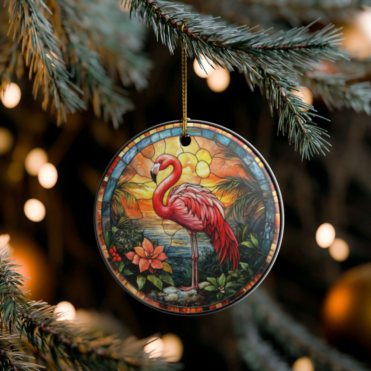 Decorative flamingo ornament hanging on a Christmas tree with blurred lights in the background.
