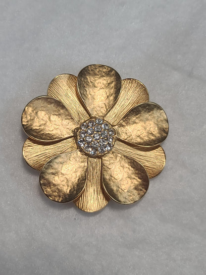 Premier Designs Matte Gold Tone Flower With Rhinestones Brooch Pin/Pendant