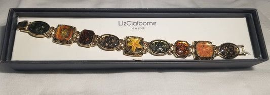 Vintage Gold Enamel Floral Medallion Link Bracelet by Liz Claiborne