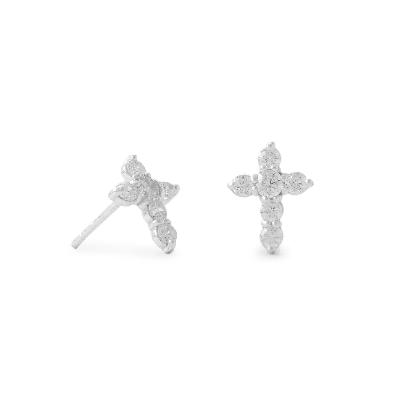 Sterling Silver Miniature CZ Cross Studded Earrings with Six 2mm CZs