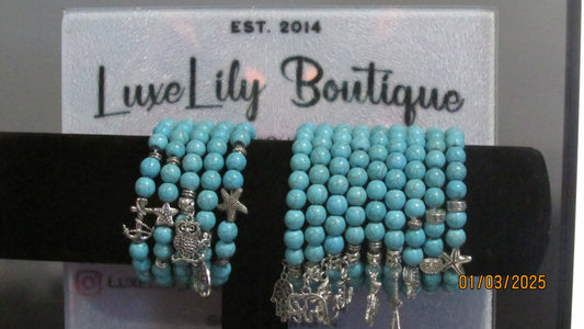 Cracked Turquoise Stretch Beaded Bracelets With Charm (14 Variations)