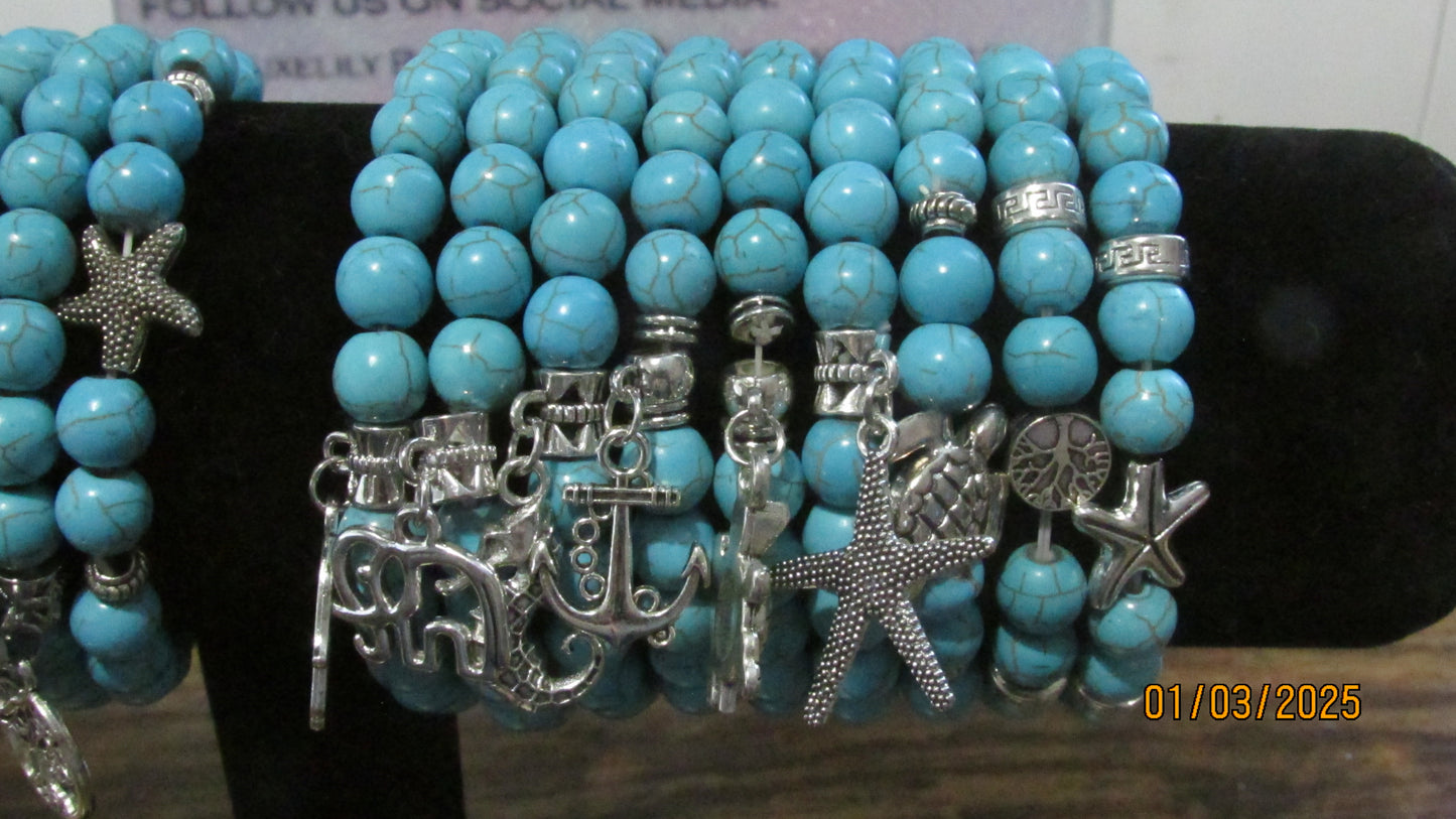 Cracked Turquoise Stretch Beaded Bracelets With Charm (14 Variations)