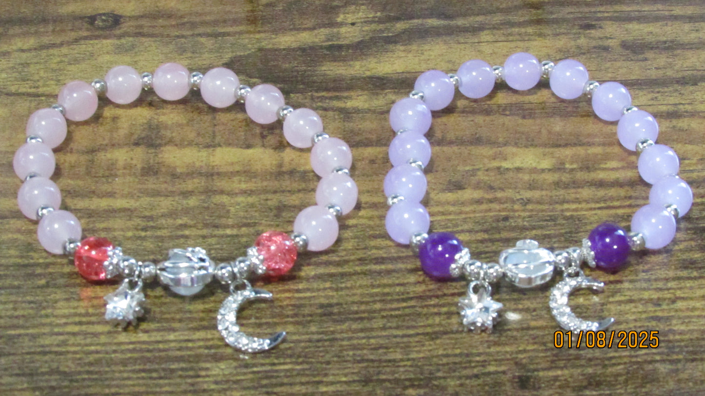 Beaded Crystal & Amethyst Moonstone Stretch Bracelet with Rhinestone Star & Moon Charms