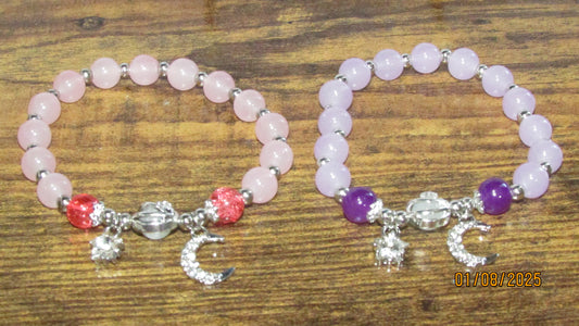 Beaded Crystal & Amethyst Moonstone Stretch Bracelet with Rhinestone Star & Moon Charms