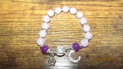 Beaded Crystal & Amethyst Moonstone Stretch Bracelet with Rhinestone Star & Moon Charms