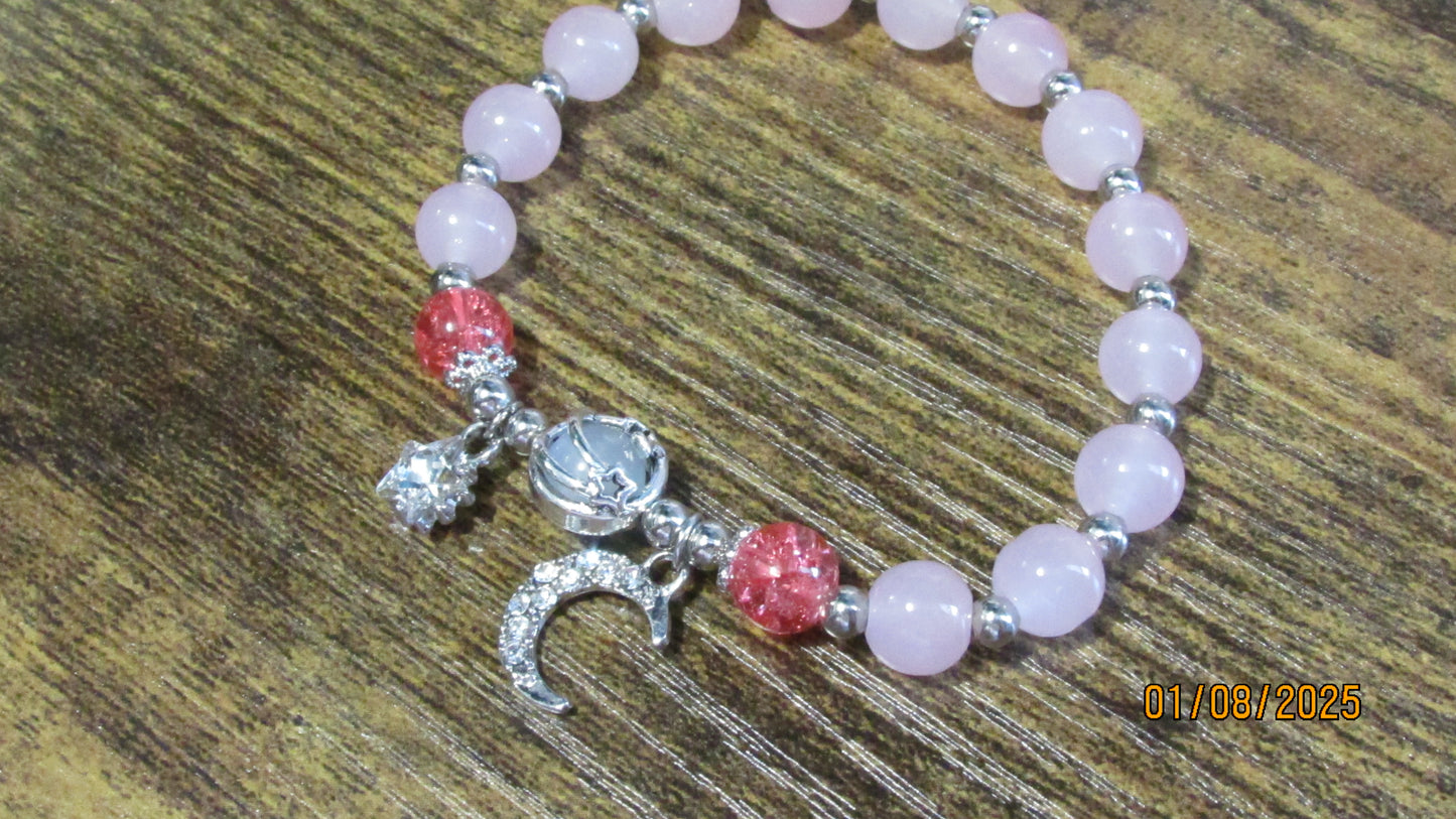 Beaded Crystal & Amethyst Moonstone Stretch Bracelet with Rhinestone Star & Moon Charms