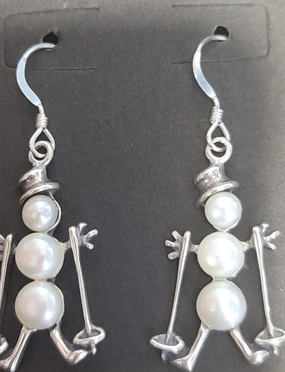 Cultured Freshwater Pearl & Sterling Silver Skiing Snowman Earrings