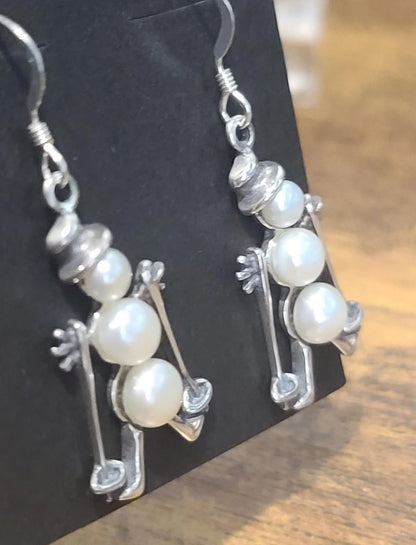 Cultured Freshwater Pearl & Sterling Silver Skiing Snowman Earrings