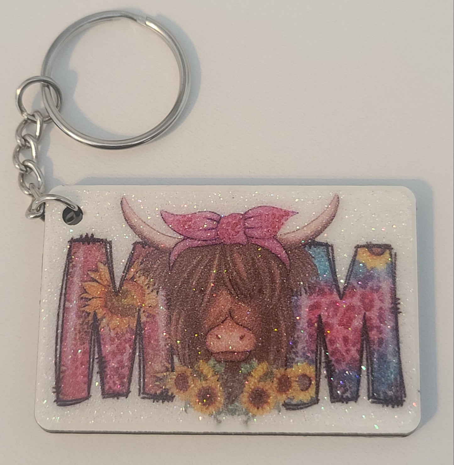 Handmade Highland Cow "Mom" Glittered Keychain