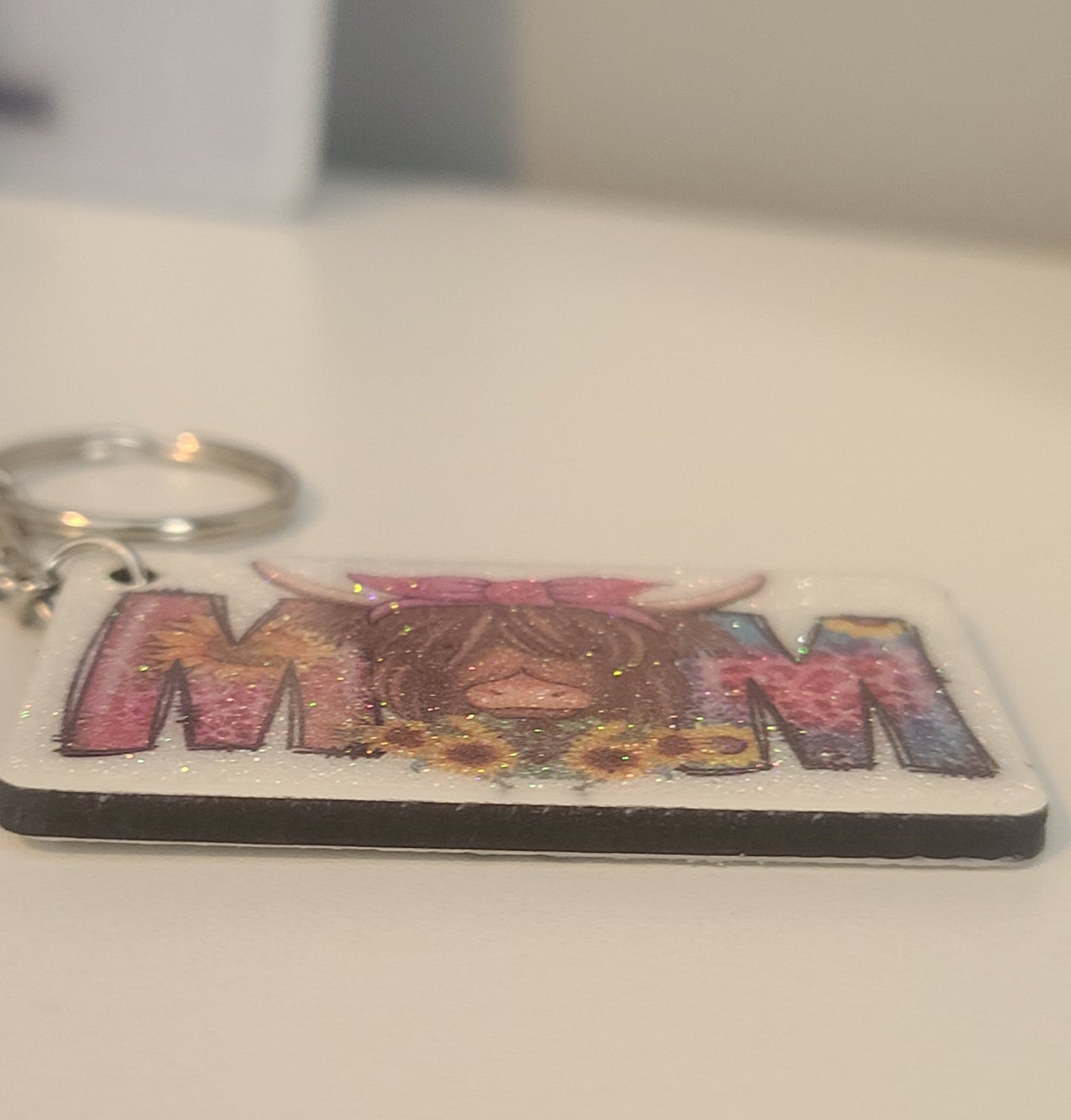 Handmade Highland Cow "Mom" Glittered Keychain