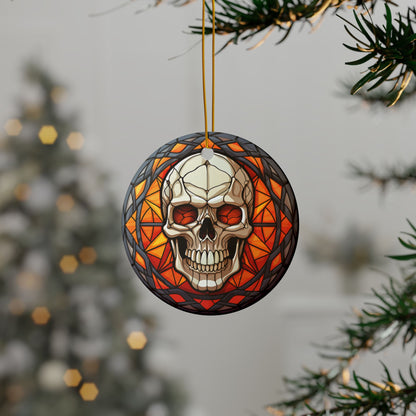 Decorative skull ornament with stained glass design hanging on a tree branch.