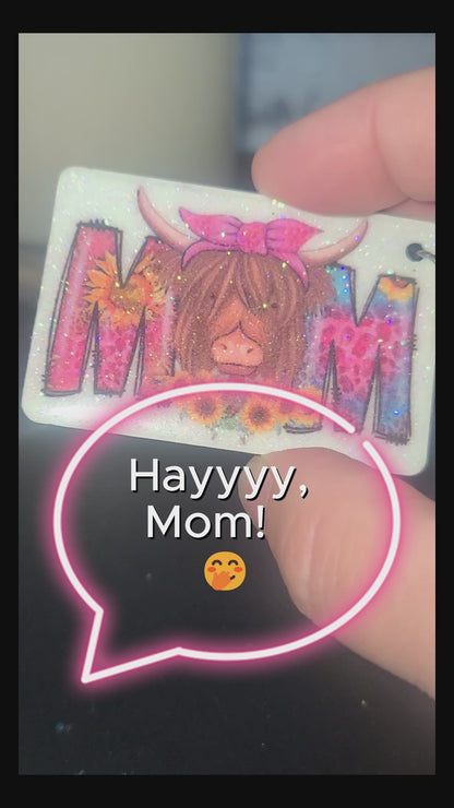 Handmade Highland Cow "Mom" Glittered Keychain