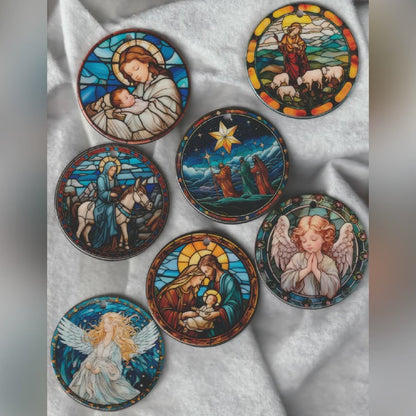Heavenly Glow - Set of 7 Stained Glass Nativity Scene Ornaments, UV Printed Porcelain